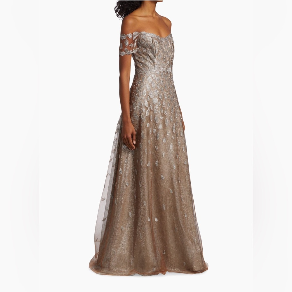 Rene Ruiz Tan and Silver Embellished Strapless Gown - Picture 4 of 8